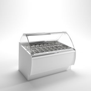 A commercial ice cream display freezer with a curved glass front and multiple empty metal trays, set against a plain white background.