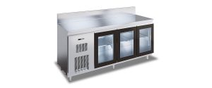 A stainless steel commercial refrigerator with three glass doors, a digital temperature display, and metal shelving inside, designed for use in professional kitchens.