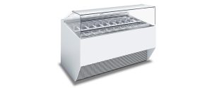 A white commercial ice cream display freezer with a glass top and multiple metal compartments for storing different flavors, set against a plain white background.