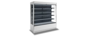 A large, empty commercial display refrigerator with four black shelves, a white exterior, and glass sides, designed for showcasing products in retail or grocery stores.