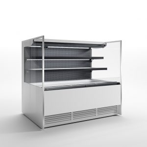 A modern, empty refrigerated display case with three shelves and a lower cooling unit, designed for showcasing food or beverages, set against a plain white background.