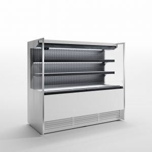 A modern, stainless steel refrigerated display case with three shelves and a vented base, designed for showcasing perishable goods in a retail or food service setting. The background is plain white.