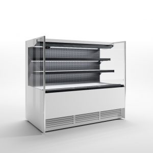 A commercial open display refrigerator with three black shelves, a lower storage section, and a white exterior, photographed against a plain white background.