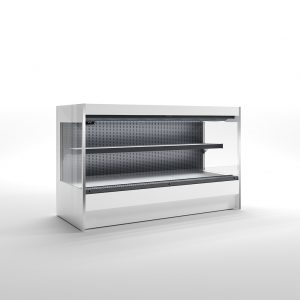 A large, empty, white and gray display refrigerator with glass sides and two shelves, standing on a plain white background.