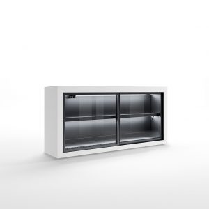 A modern, white commercial display refrigerator with two sliding glass doors and internal shelves, empty and set against a plain white background.