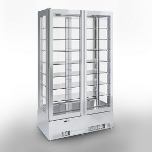 A tall, double-door glass display refrigerator with multiple shelves, a white frame, and a digital temperature display at the bottom front. The unit stands on a plain, light background.