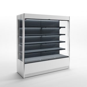 A large, empty retail display shelf unit with five black shelves and a white frame, set against a plain white background. The shelves and backing appear metallic and modern.