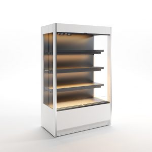 A modern, freestanding refrigerated display case with glass sides and front, featuring four empty shelves and interior lighting, set against a white background.