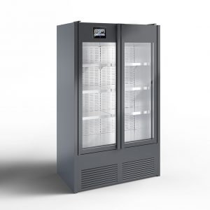 A commercial glass-door refrigerator with two clear doors, metal frame, and multiple empty shelves, standing on a white background.