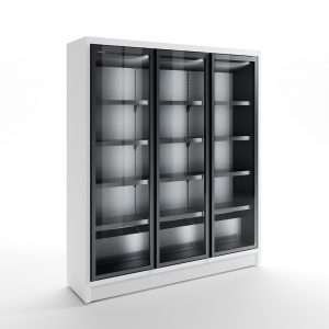 A large, white commercial refrigerator with three glass doors and multiple empty shelves, set against a plain white background.
