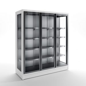 A large, empty commercial display refrigerator with three glass doors and multiple shelves, set against a plain white background.
