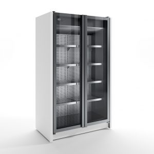 A commercial double-door glass display refrigerator with multiple empty metal shelves, a white exterior, and a digital temperature display on the top left corner, set against a plain white background.