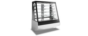 A glass display case with multiple shelves, enclosed on all sides, featuring a black frame and a white base, designed for showcasing food items or products.