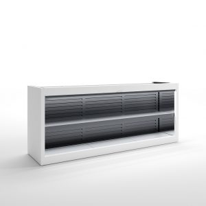 A modern, white retail display shelf with two levels and horizontal slatted black panels on the back; the shelves are empty and set against a plain white background.