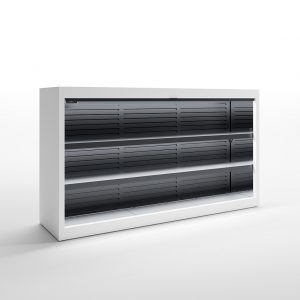A modern, white, rectangular display shelf with three horizontal sections, each featuring dark, slatted panels across the front, set against a plain white background.