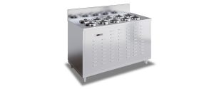 A stainless steel commercial food warmer with eight round covered compartments on top, ventilation slots on the front, and digital temperature controls. The unit stands on four short legs.
