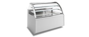 A large, modern refrigerated display case with curved glass front, metal frame, and multiple glass shelves, typically used in bakeries or cafes to showcase food items.