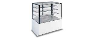 A glass display case with three shelves and a solid white base, empty and designed for showcasing items such as food, desserts, or merchandise.