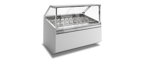A commercial stainless steel gelato display case with a glass front, containing multiple empty metal trays arranged in rows, isolated on a white background.