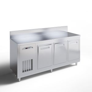 A stainless steel commercial refrigeration unit with three doors and an electronic control panel on the left, standing on metal legs, set against a plain white background.
