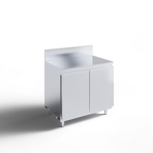 A stainless steel kitchen cabinet with two doors, short legs, and a backsplash, set against a plain white background.