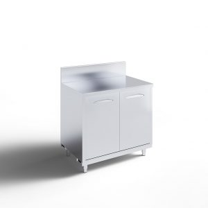 A stainless steel cabinet with two doors, elevated on short legs, featuring a smooth surface and a slight backsplash, set against a plain white background with a shadow on the left side.