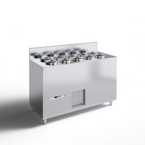A stainless steel commercial freezer with multiple round containers on top, likely for storing gelato or ice cream, standing on short legs against a plain white background.