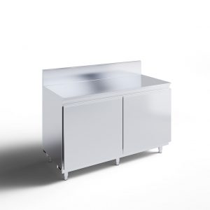 A stainless steel kitchen cabinet with two doors, a flat countertop, and a rear backsplash, standing on short legs in a bright, white space.