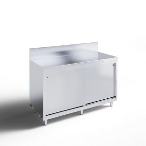 Stainless steel kitchen cabinet with sliding doors, flat countertop, and short backsplash, standing on adjustable legs against a white background.