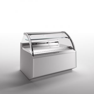 A modern, empty refrigerated display case with a curved glass front and white base, set against a plain white background.