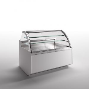 A modern, empty refrigerated display case with curved glass and two glass shelves, set against a plain white background.