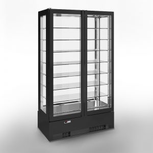 A large, upright commercial display refrigerator with glass doors and multiple shelves, designed for showcasing chilled products; the unit is black with transparent sides and front.