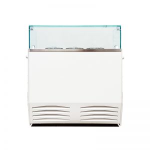 A white commercial ice cream display freezer with a glass top and visible metal containers inside, shown against a plain white background.