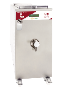 A commercial stainless steel gelato machine with a digital display, labeled Easymix 60, featuring control buttons, a spout, and a large handle on the front.