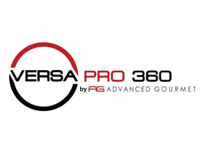 Logo for Versa Pro 360 by Advanced Gourmet featuring stylized black and red text, with a circular red and black graphic partially surrounding the word VERSA on a white background.