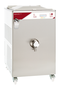 A stainless steel commercial ice cream pasteurizer machine with a front control panel, spout, handle, and wheels for mobility, labeled easymix 120.