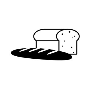 Simple black and white illustration of a loaf of bread and a sliced baguette placed in front of it, both on a plain white background.