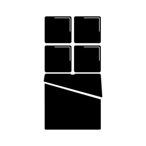 A simple black silhouette of a chocolate bar with four squares visible at the top and a partially unwrapped wrapper at the bottom, set against a white background.
