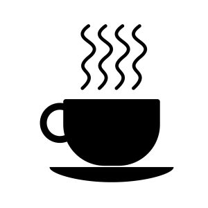Black and white icon of a coffee cup with steam rising from it, sitting on a saucer, symbolizing a hot beverage.