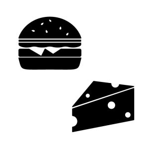 Black and white illustration of a hamburger with visible lettuce and cheese, and a wedge of cheese with holes, on a white background.