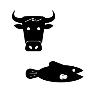 Black silhouette icons of a cows head above and a fish below, both on a white background.