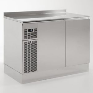 A stainless steel commercial refrigerator with two doors, a digital temperature display showing 4°C, and ventilation grilles on the left side, set against a plain white background.