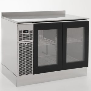 A stainless steel commercial refrigerator with two glass doors, metal shelving inside, a digital temperature display, and ventilation grilles on the left side, set against a plain white background.