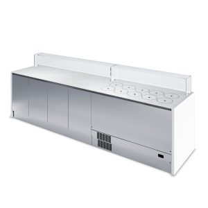 A large, stainless steel commercial gelato display freezer with a glass sneeze guard and multiple round, lidded containers on the countertop.