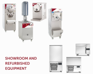 A selection of commercial kitchen equipment, including ice cream or gelato machines and refrigeration units, displayed on a white background. Text reads SHOWROOM AND REFURBISHED EQUIPMENT.