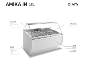 A commercial gelato display freezer with labeled features: heated curved front glass, polished stainless steel interior, white laminate sides with optional color finish, and a steel front panel with optional custom color.