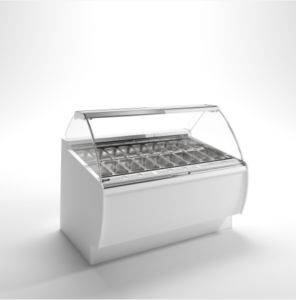 A white commercial display freezer with a curved glass cover, showing multiple empty stainless steel compartments inside, set against a plain white background.