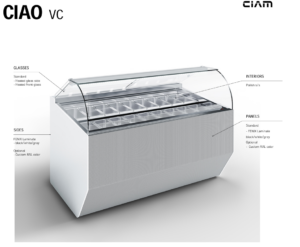 A refrigerated display case with a curved glass top, multiple metal compartments inside, and detailed labels highlighting its glass, panel, side, and interior material options. The word CIAO VC is shown at the top left.
