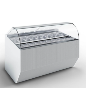 A modern white commercial display freezer with a glass curved lid and multiple compartments for storing and displaying frozen items, such as ice cream, against a plain white background.