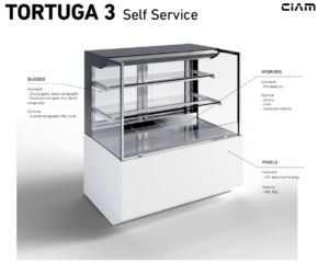 A glass display case labeled TORTUGA 3 Self Service with notes pointing to features: double glass, serigraphy, interior in polished stainless steel, acrylic or epoxy options, and panels in HPL with black, white, or gray colors.
